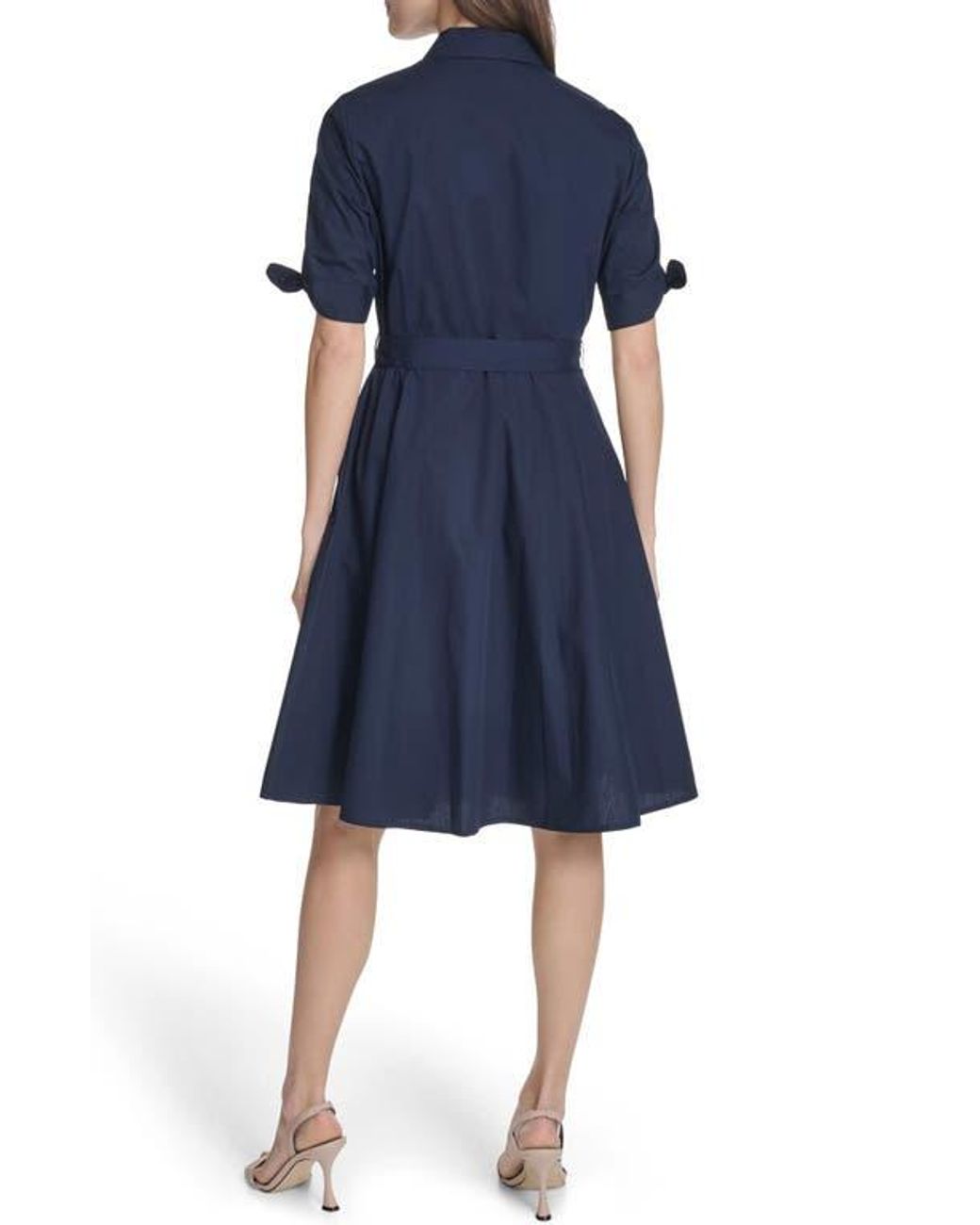 Calvin Klein Blue Solid Cotton Shoulder Tie Shirtdress