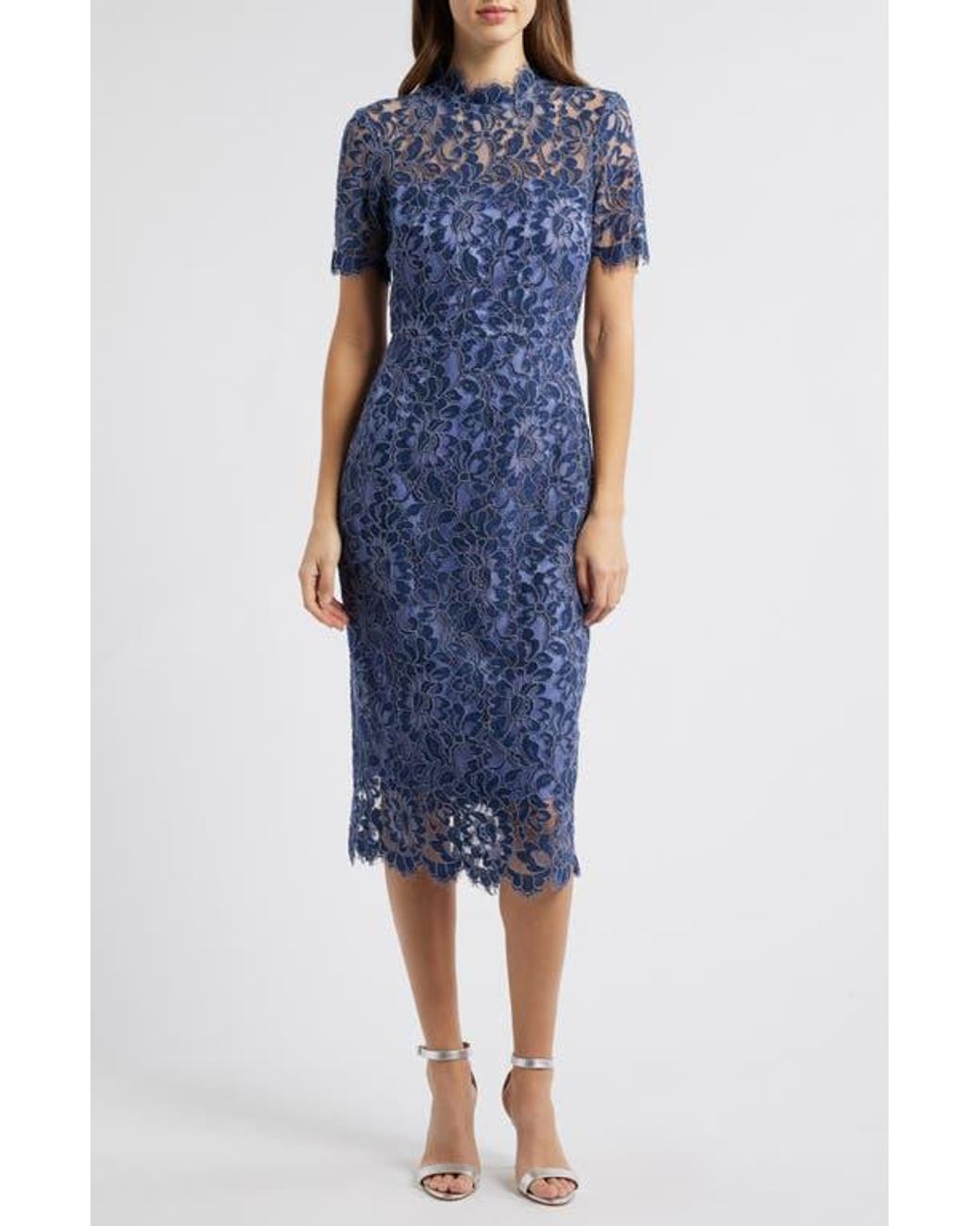 Eliza J Illusion Lace Midi Sheath Dress in Blue | Lyst