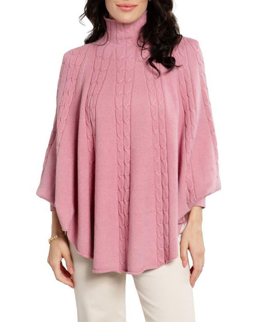 Saachi Batwing Sleeve Cable Knit Poncho Sweater in Pink Lyst