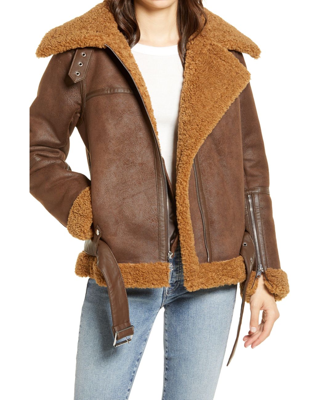 Sam Edelman Faux Shearling Moto Jacket in Brown | Lyst