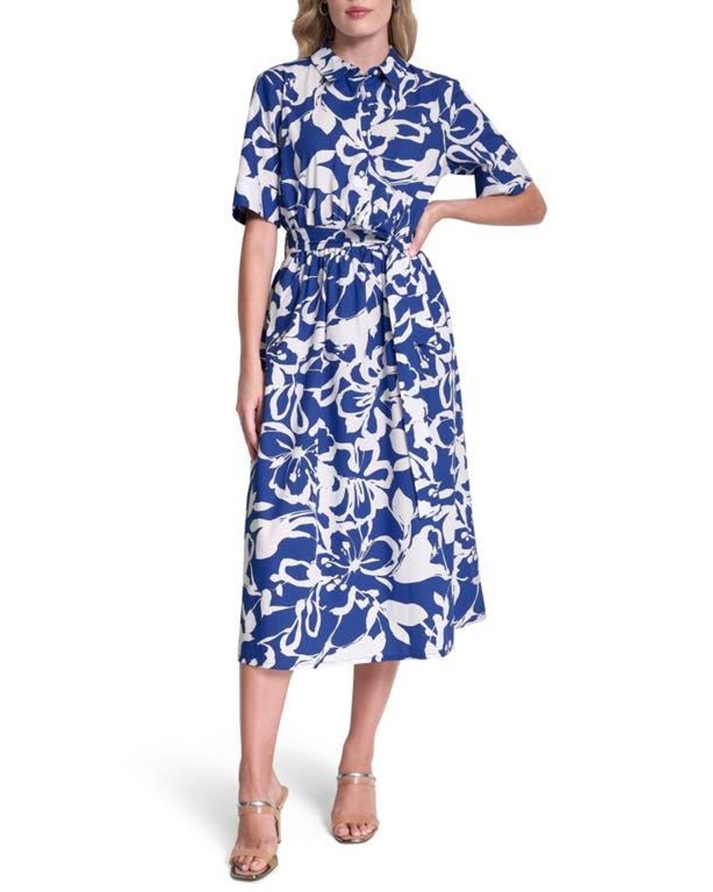 DKNY Floral Elbow Sleeve Cotton Midi Shirtdress in Blue | Lyst