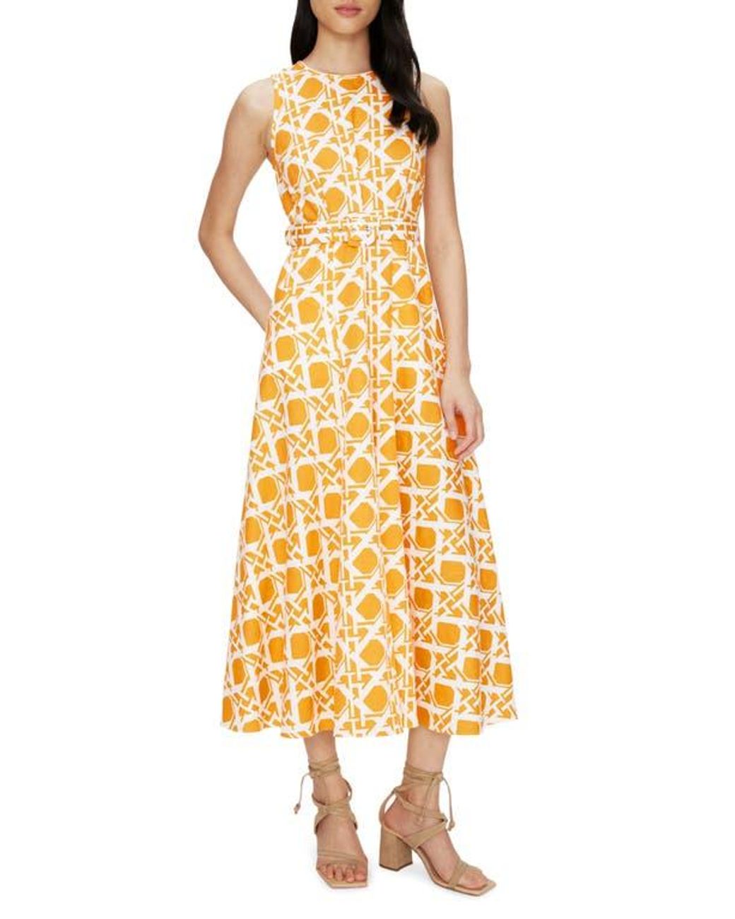 Diane von Furstenberg Yellow Elliot Geometric Print Belted Midi Dress