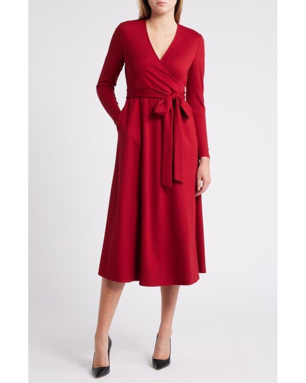 Anne Klein Serenity Long Sleeve Faux Wrap Dress in Red | Lyst