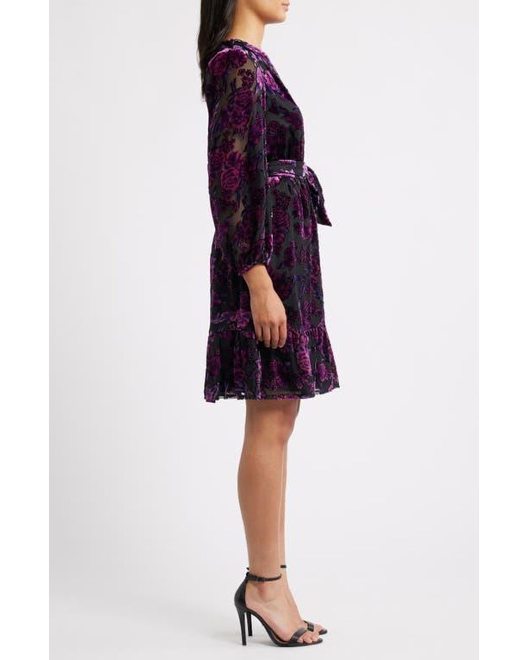Eliza J Ruffle Floral Burnout Long Sleeve Fit & Flare Cocktail Dress in Blue