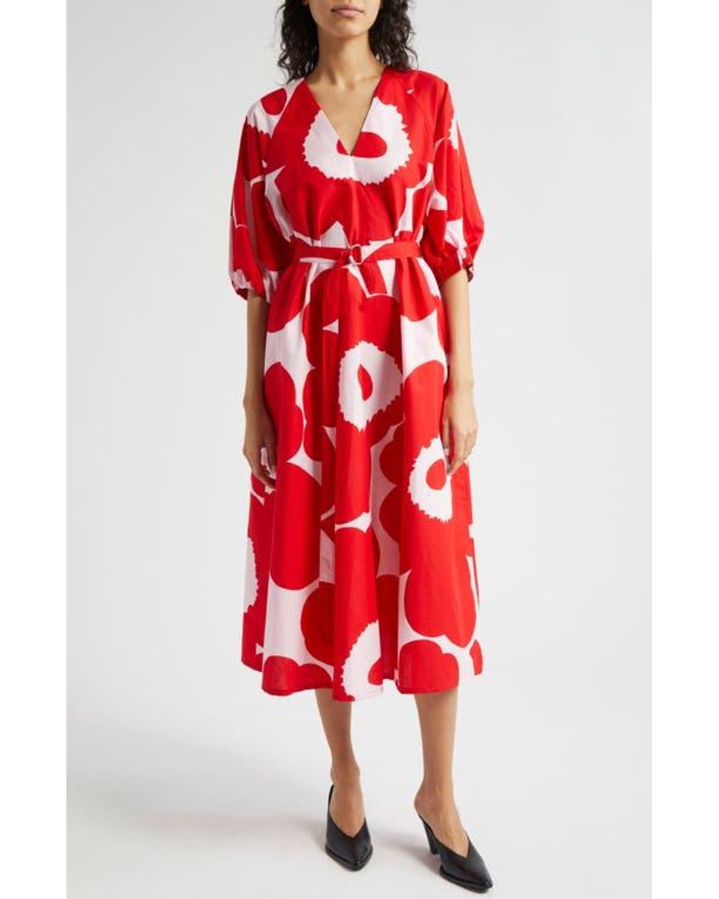 Marimekko Aiva Unikko Floral Puff Sleeve Belted Cotton