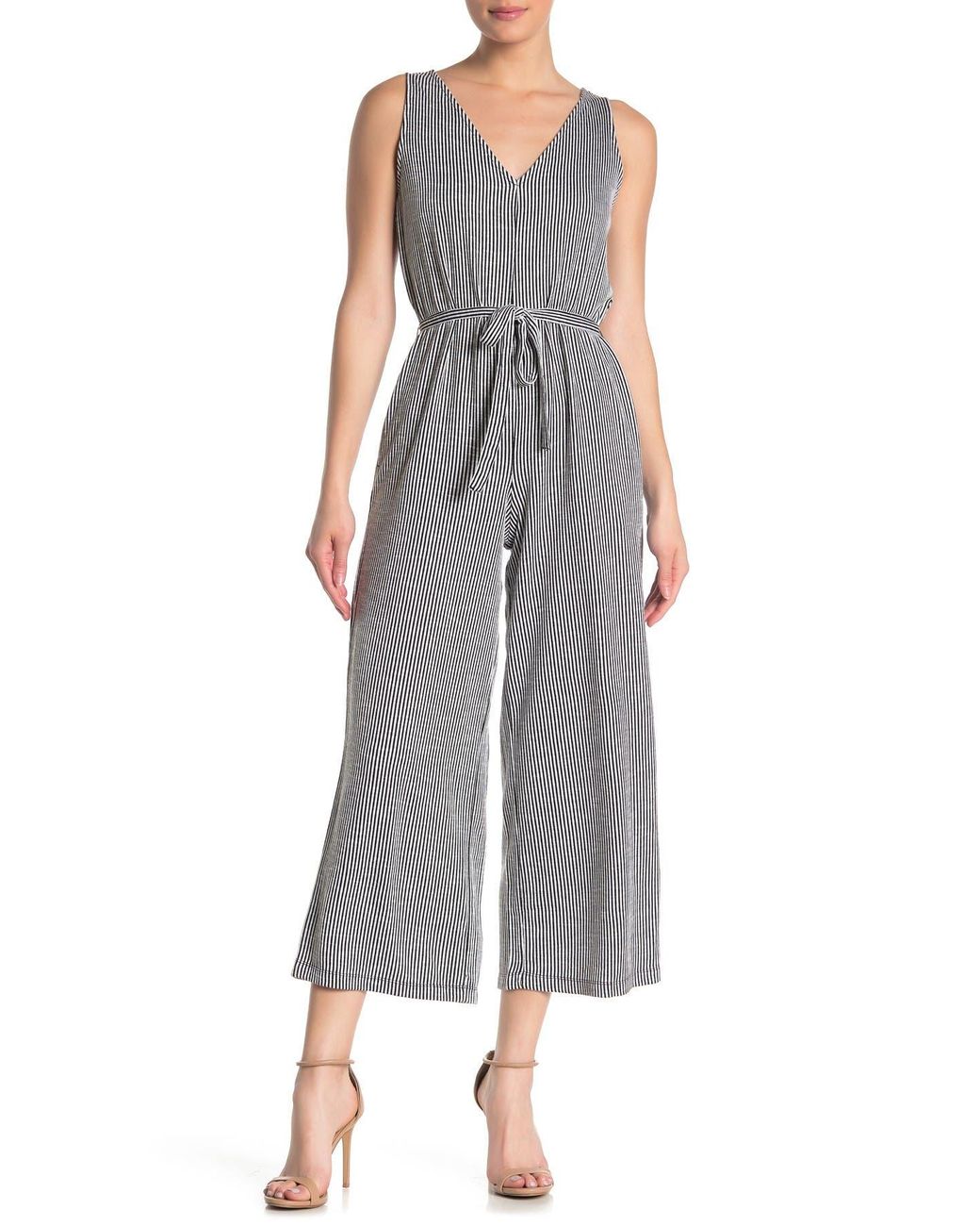 Max Studio Striped Tie Waist Sleeveless Crop Jumpsuit in Gray - Lyst