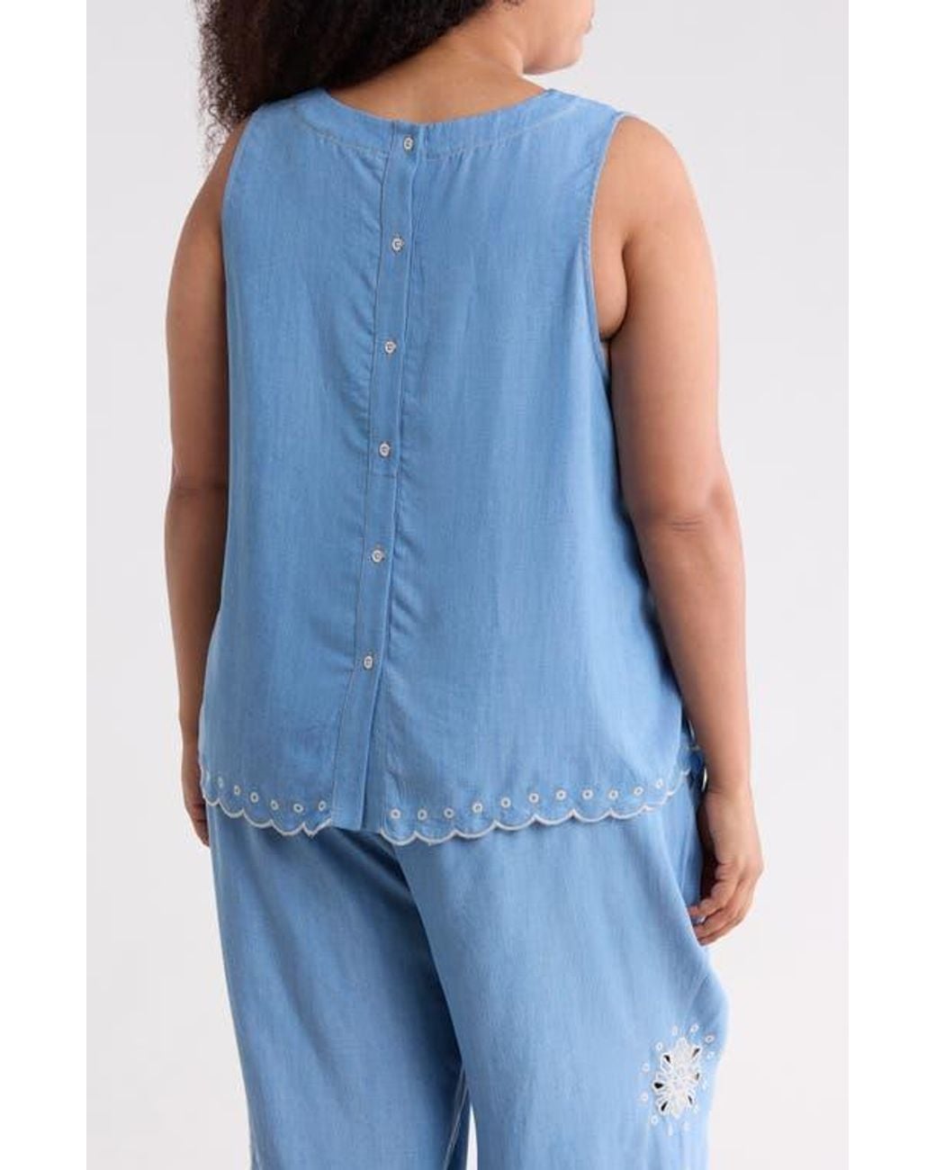 Tahari Blue Embroidered Eyelet Hem Chambray Shell