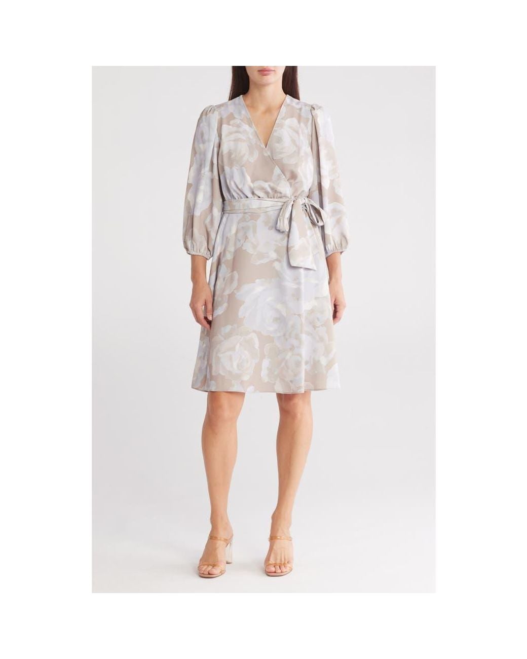 Calvin Klein Floral Long Sleeve A-Line Dress in White | Lyst