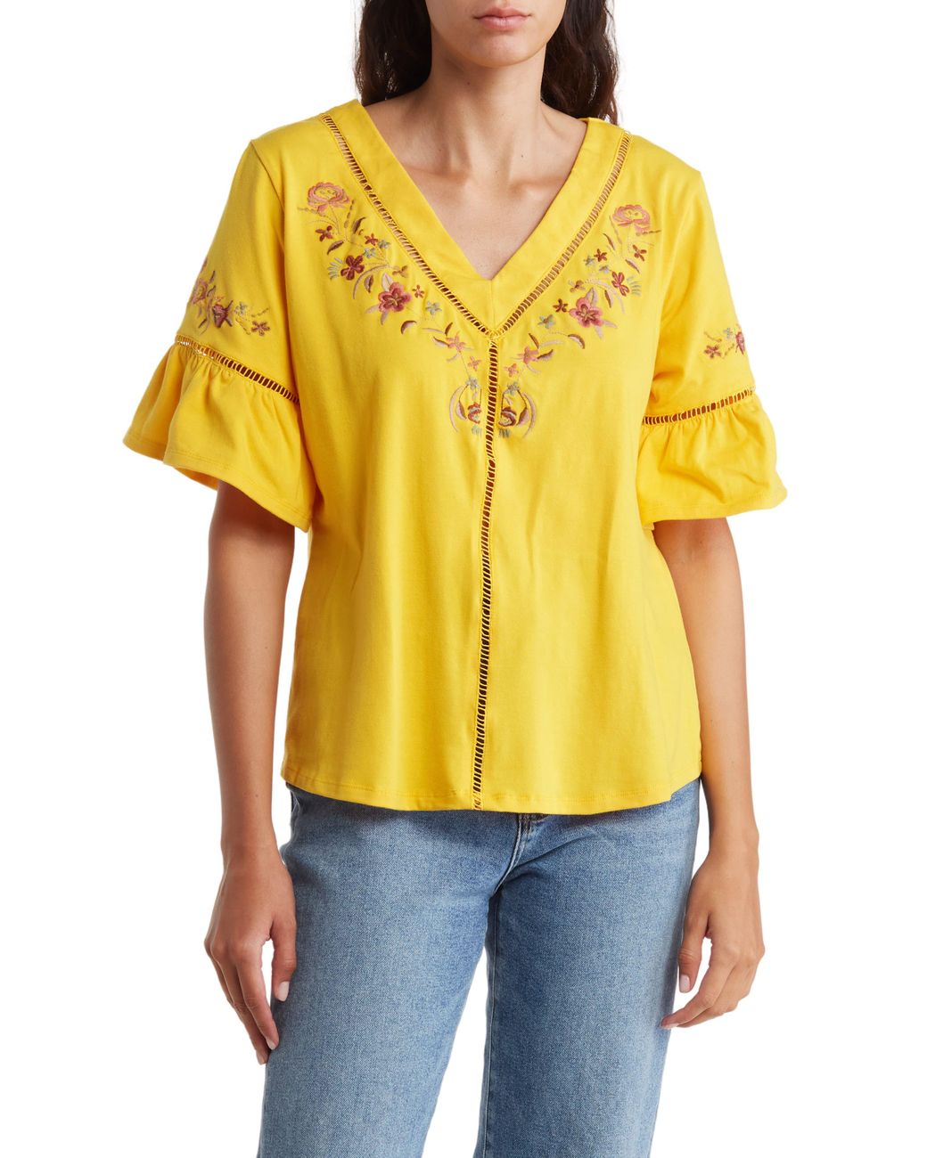 LIV Floral Embroidered Flutter Sleeve Blouse in Yellow | Lyst