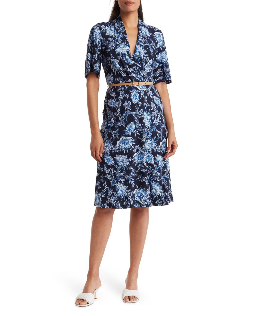 Tommy Hilfiger Draped Surplice Neck Belted Fit & Flare Dress in Blue | Lyst