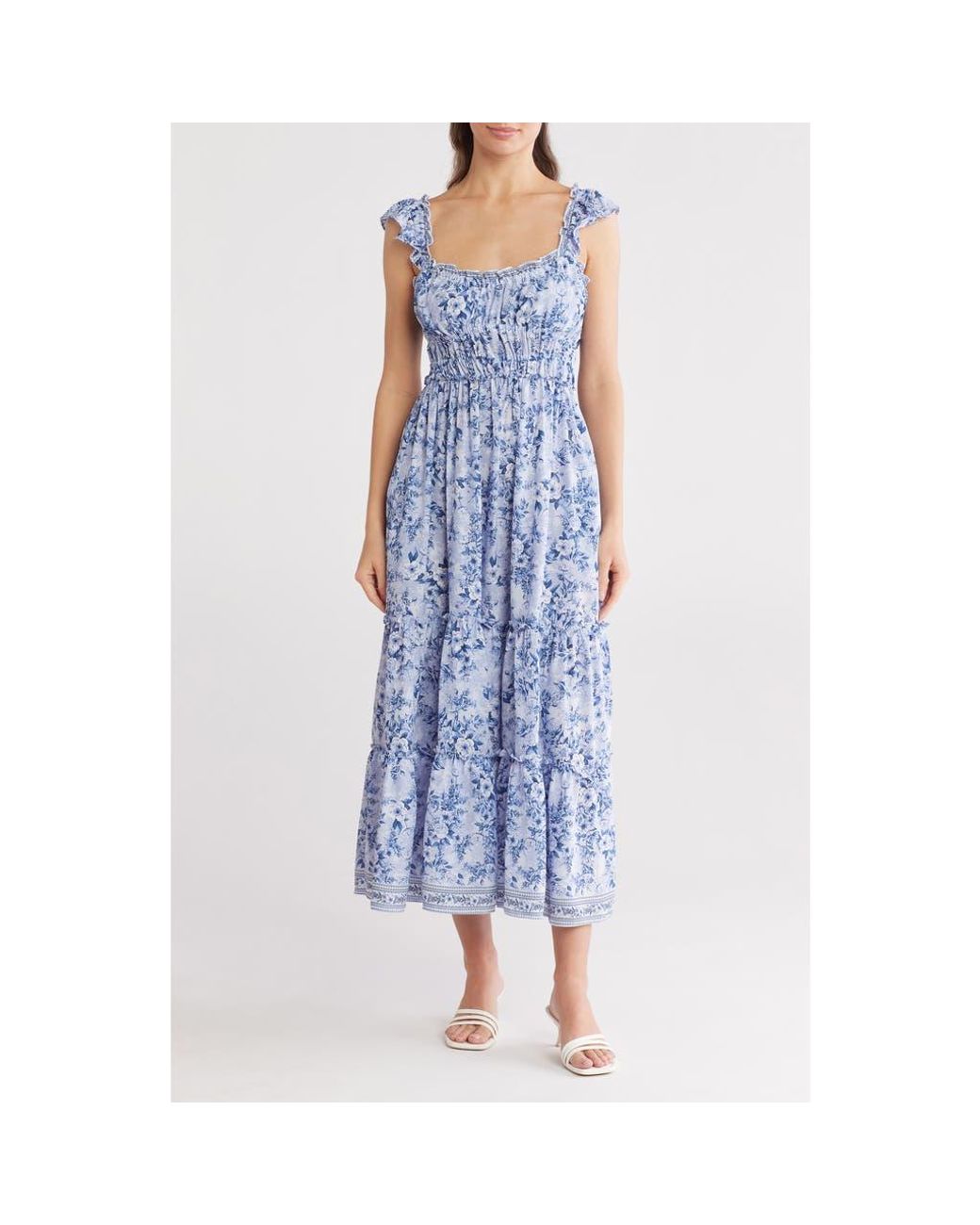 max studio ruffle maxi dress NWT Max Studio Ruffle Floral Print MIDI Maxi Tiered Dress Size M short slve  blue
