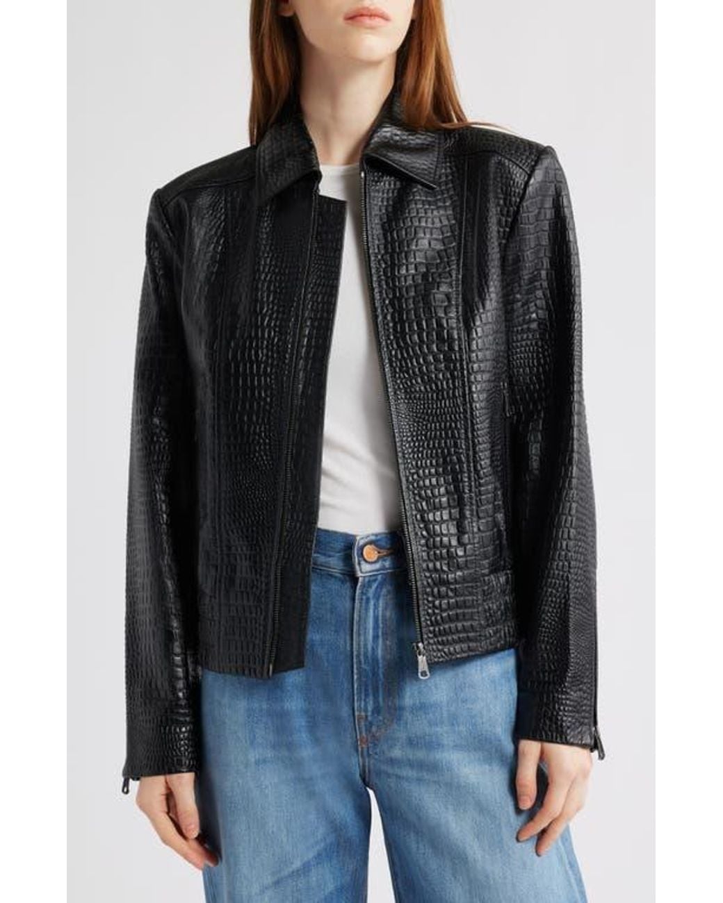 Bernardo Black Short Croc-Embossed Leather Jacket