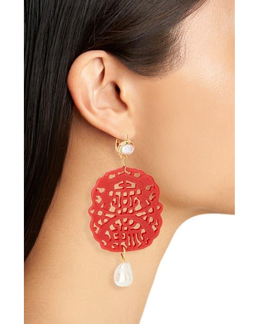Kenneth Jay Lane Red Carved Stone Faux Pearl Drop Earrings