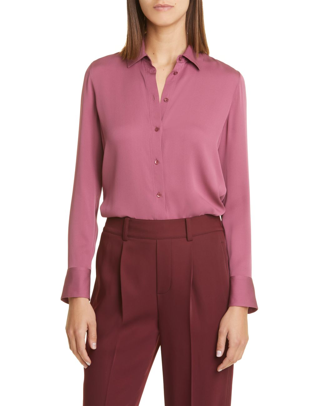 Vince Slim Fit Stretch Silk Blouse in Red