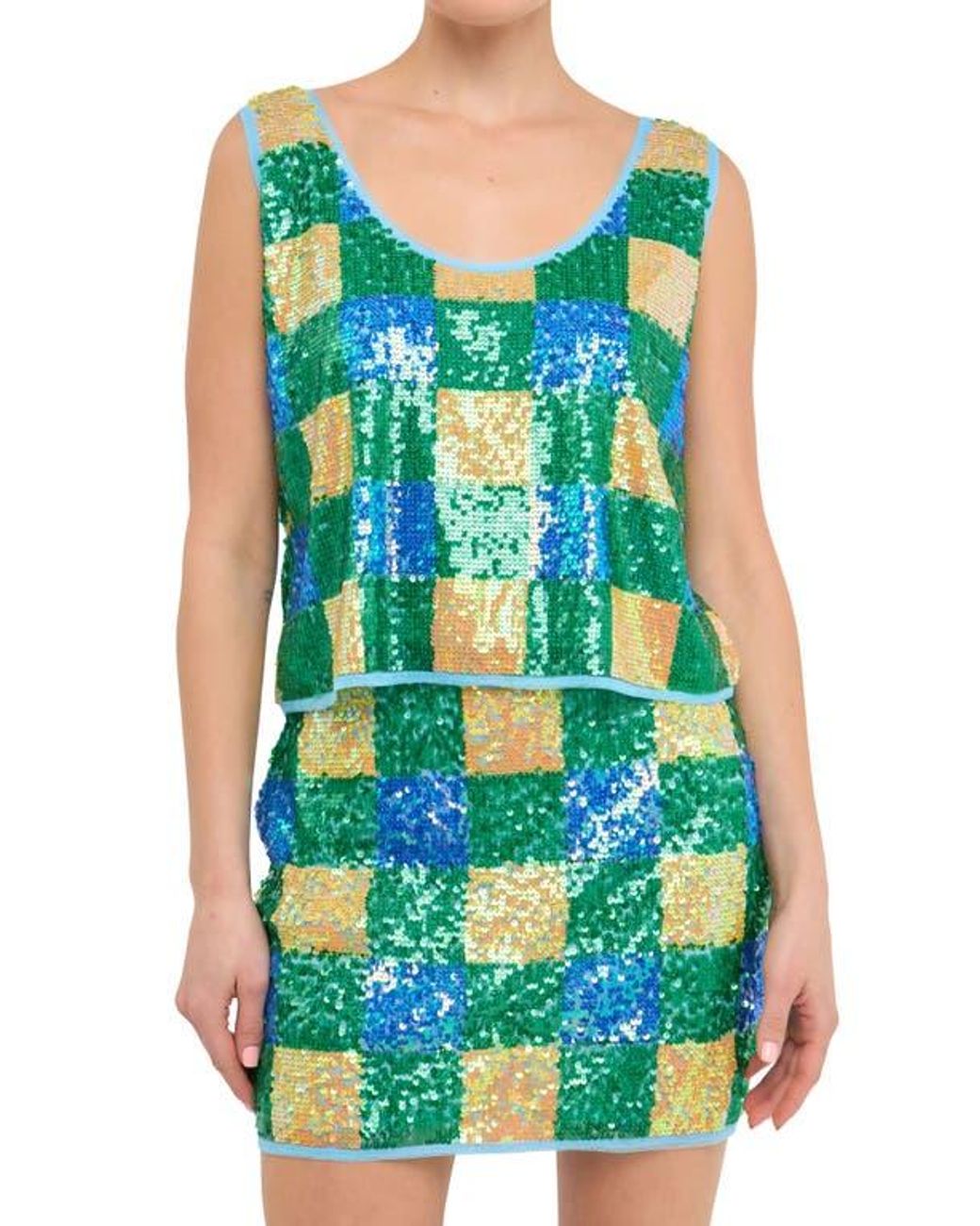 Endless Rose Blue Sequin Check Tank
