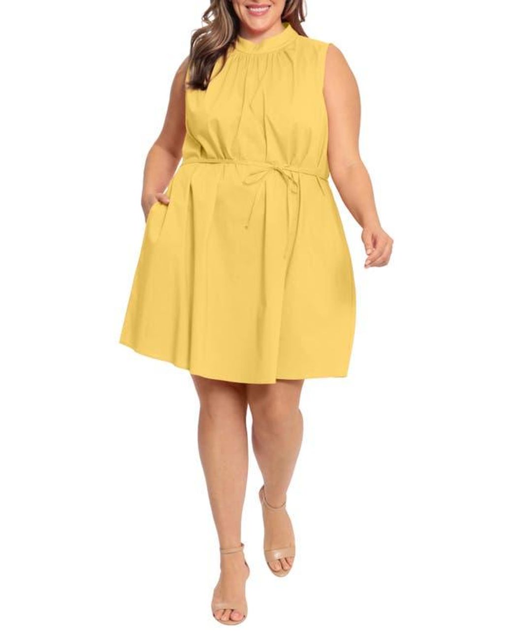 Donna Morgan Sleeveless Stretch Cotton Trapeze Dress in Yellow Lyst