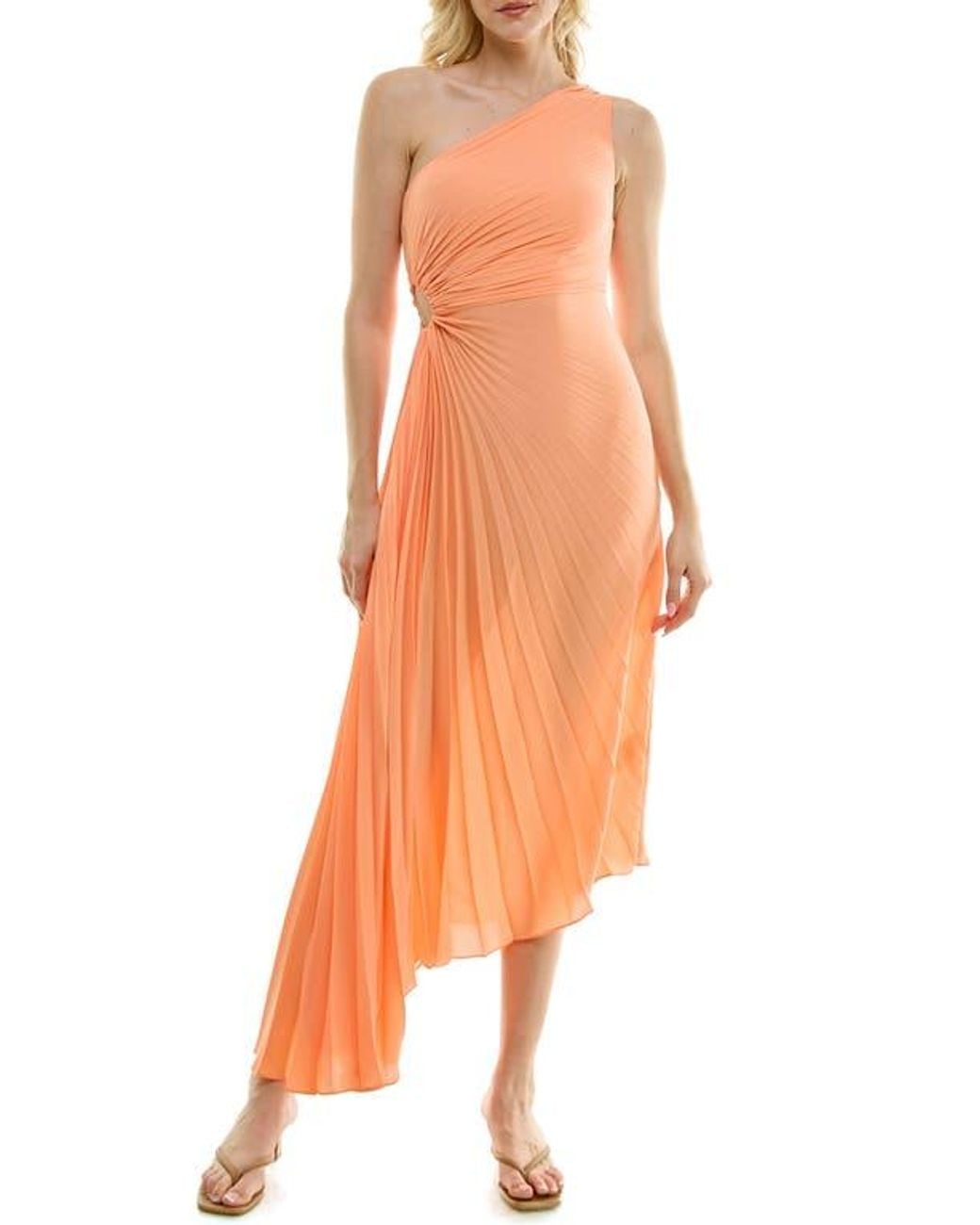 Nicole Miller One Shoulder Pleat Midi Dress in Orange