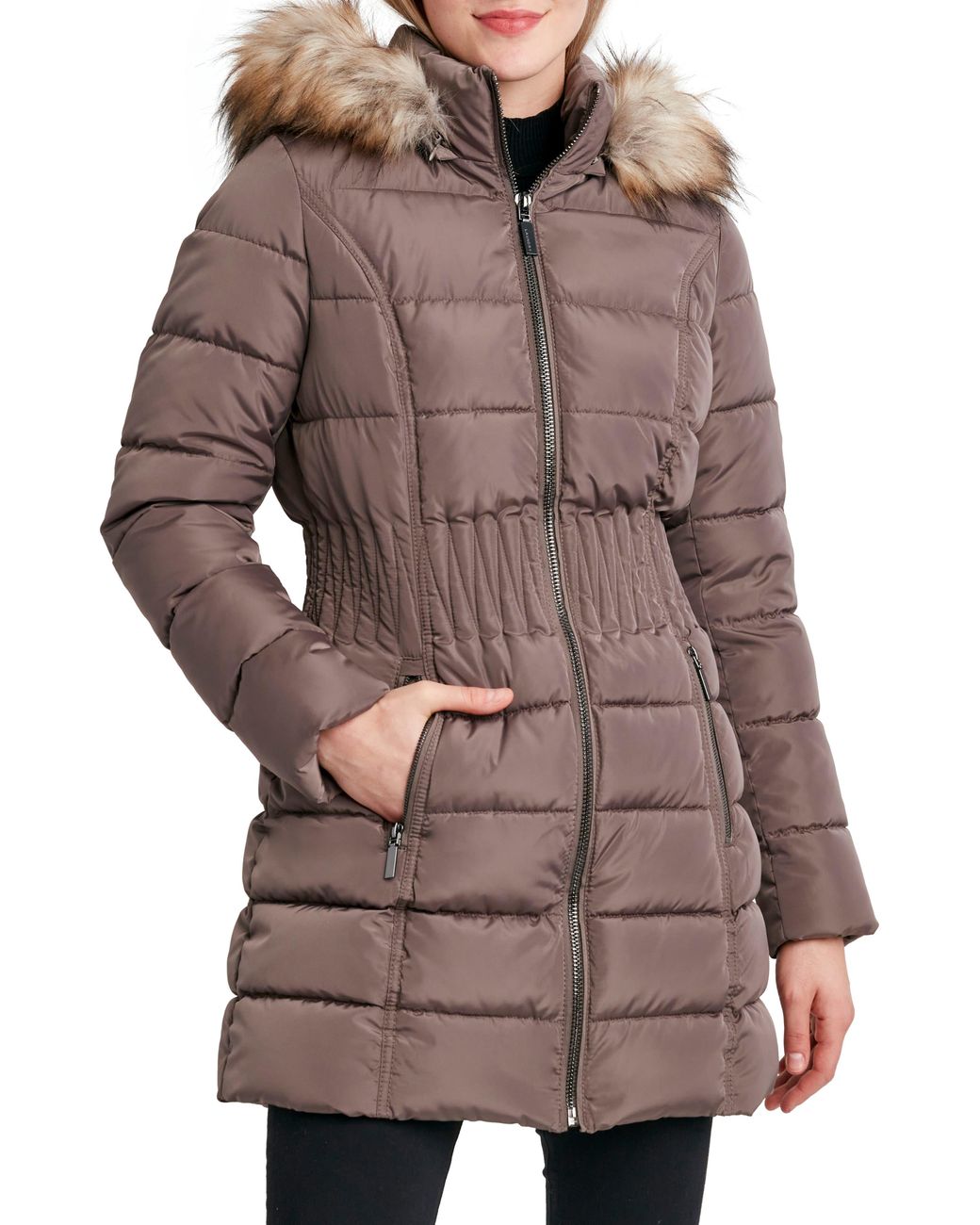 Laundry by Shelli Segal Cinched Puffer Jacket With Faux Fur Trim in