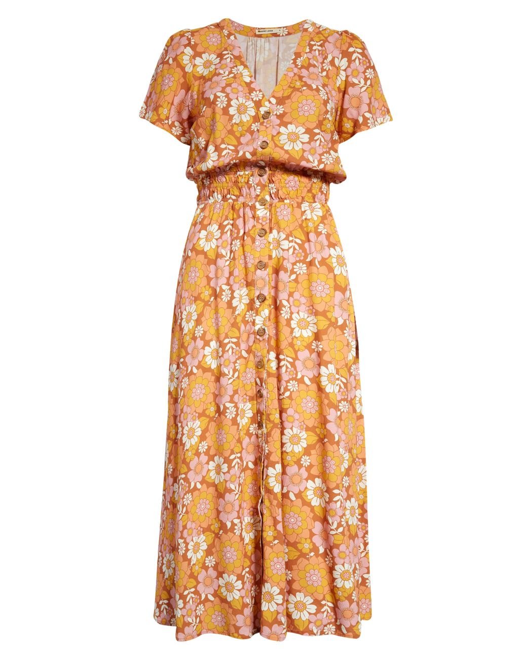 Marine Layer Annika Floral Print Smocked Midi Dress in Orange | Lyst