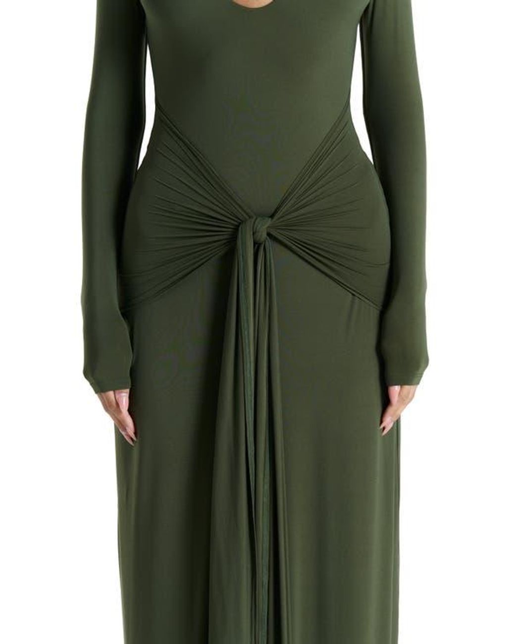 Naked Wardrobe Cutout Tie Front Long Sleeve Maxi Dress in Green | Lyst