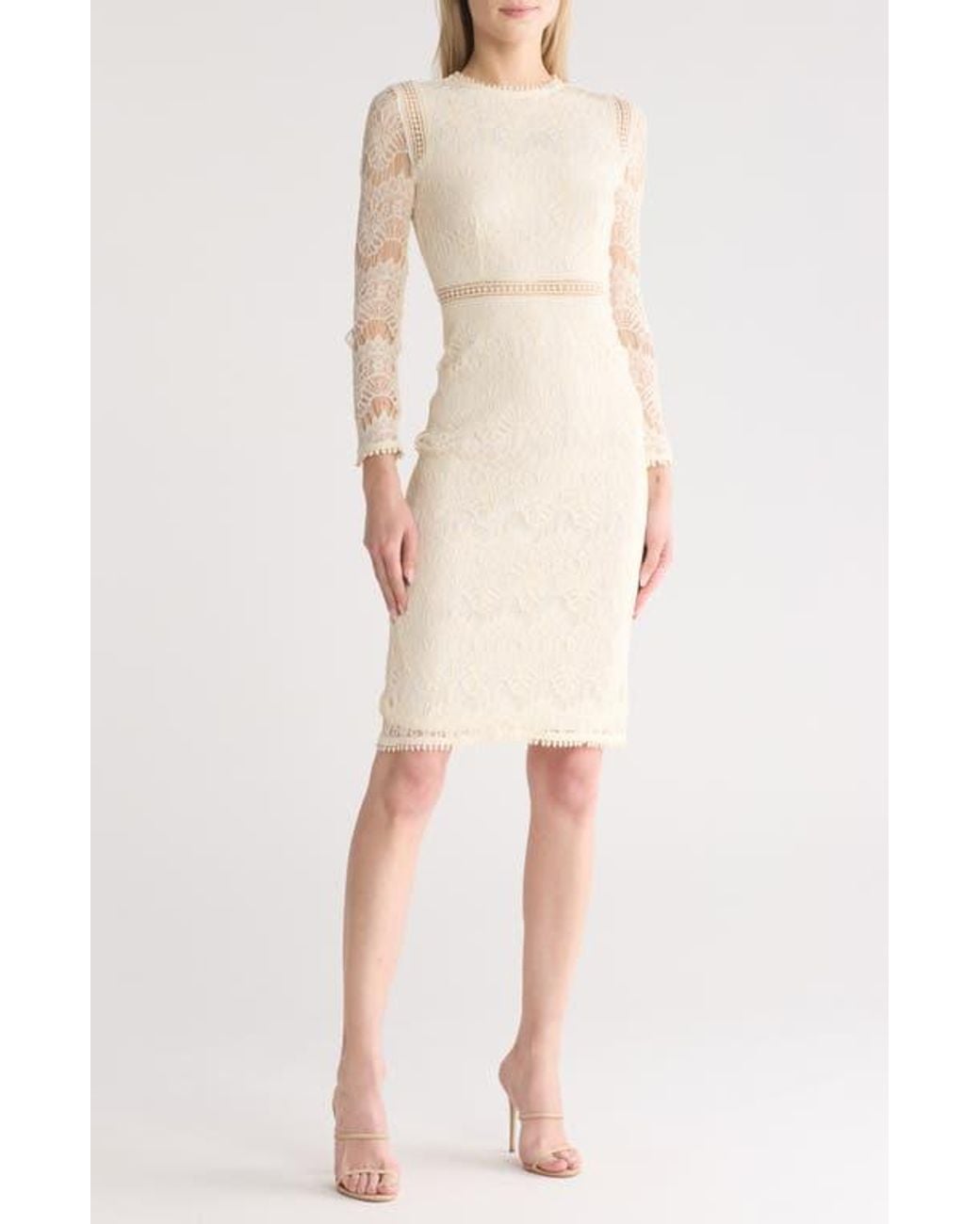 Love By Design Lace Long Sleeve Midi Dress in Natural | Lyst