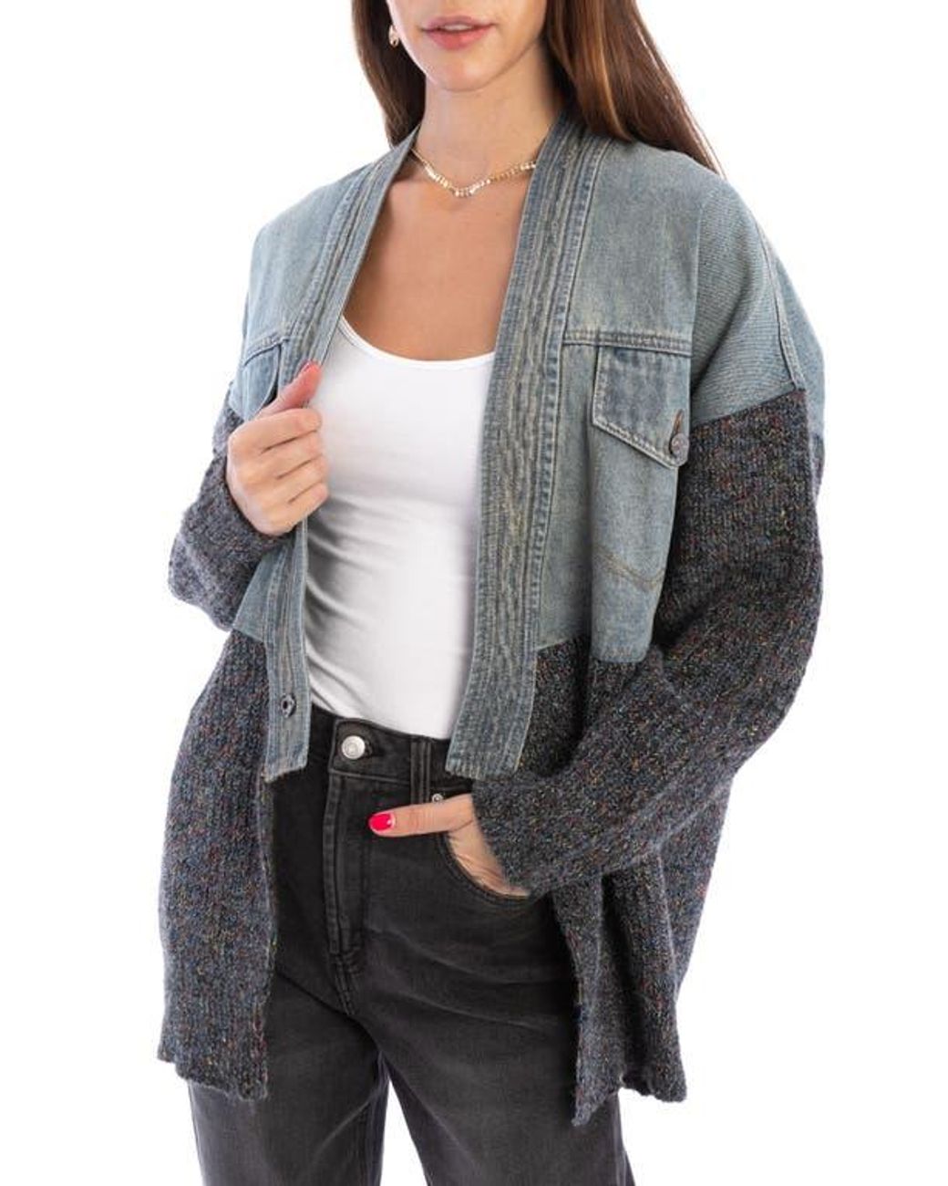 Long Jean Cardigans Saachi Mixed Media Denim Cardigan in Gray | Lyst