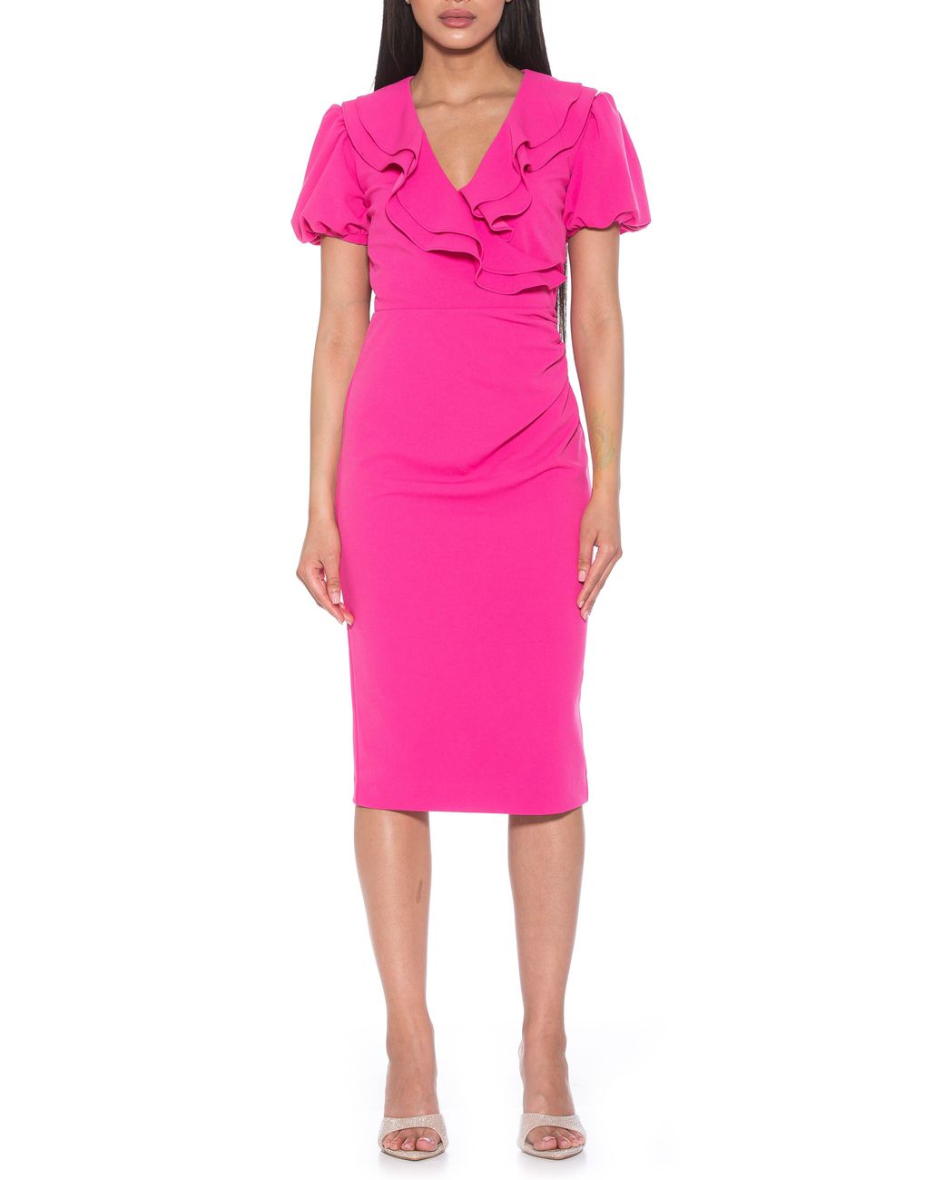 Alexia Admor Ruffle Collar Puff Sleeve Polka Dot Midi Dress in Pink | Lyst