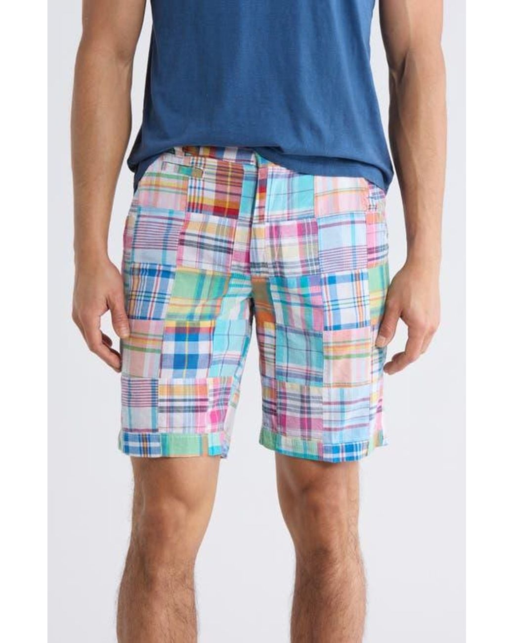 Vintage 1946 Blue Patchwork Madras Flat Front Shorts for men