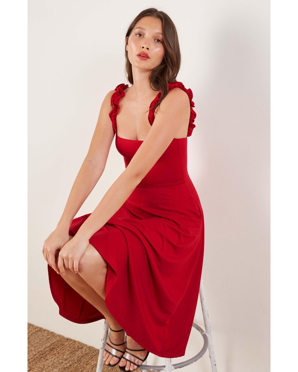 Reformation Eda Ruffle Strap Dress in Red
