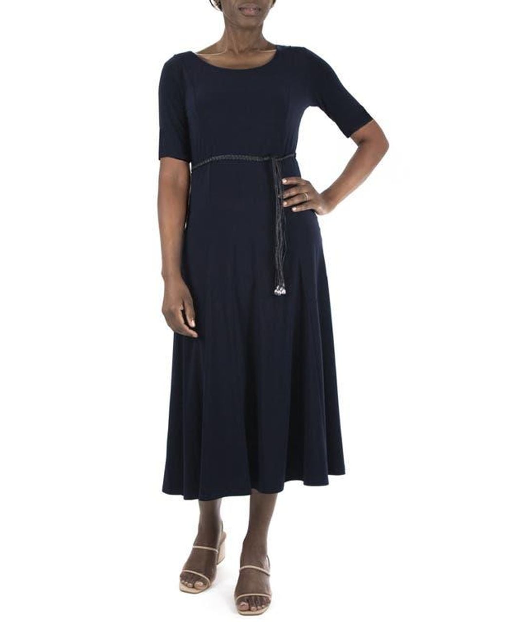 Nina Leonard Sylvia Belted A-Line Midi Dress in Blue | Lyst