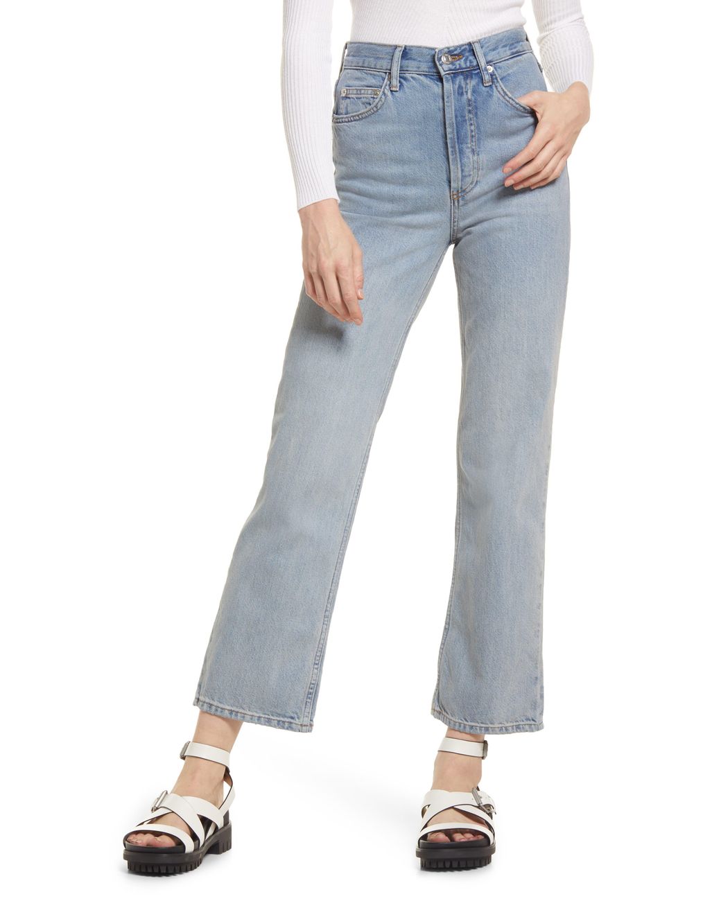 TOPSHOP Denim Bleach Parallel Jeans In Light Blue At Nordstrom Rack | Lyst