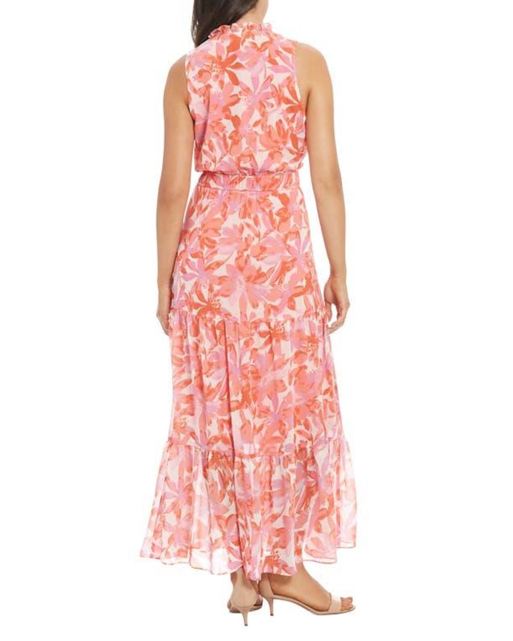 London Times Floral Sleeveless Tiered Chiffon Maxi Dress in Pink | Lyst