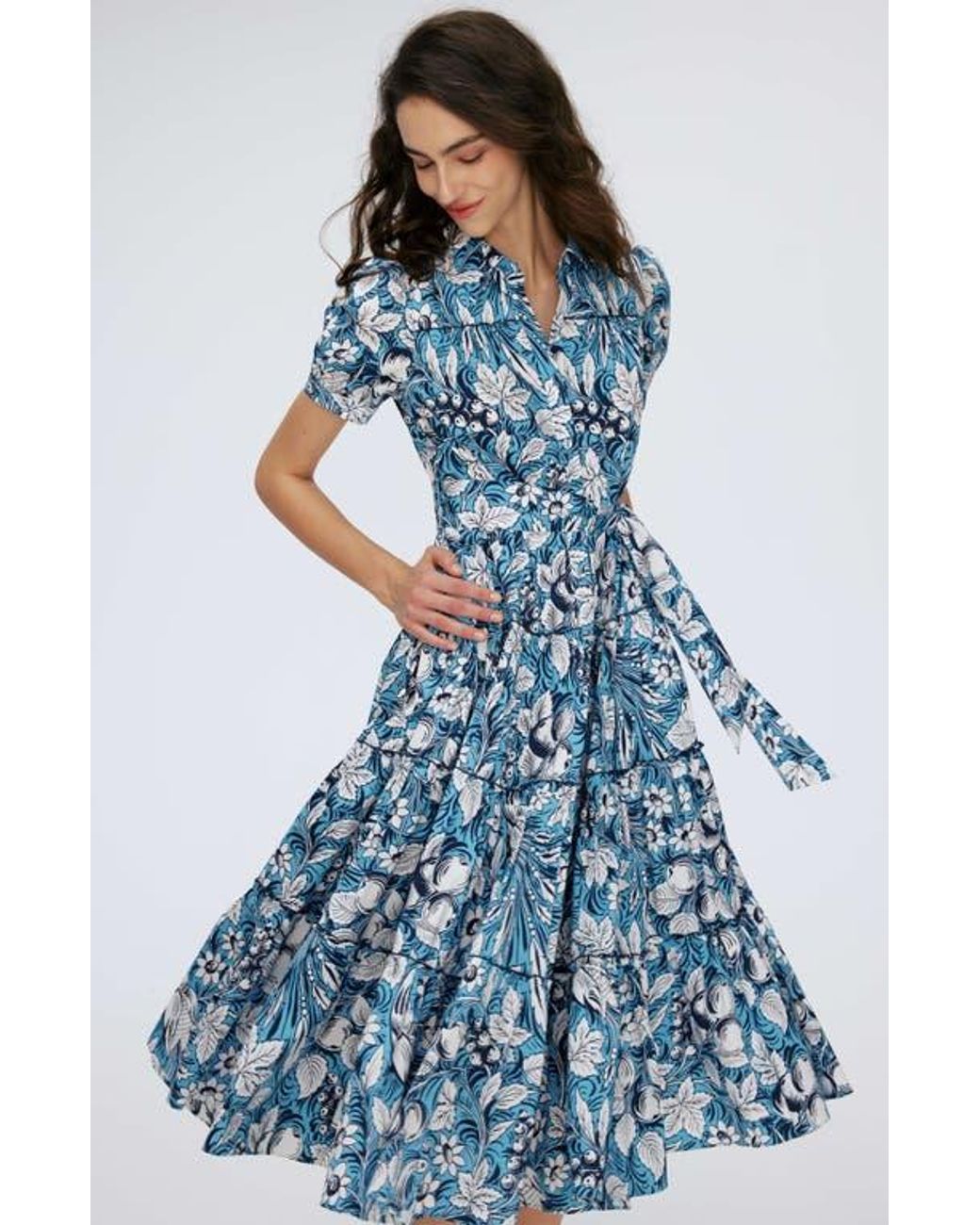 Diane von Furstenberg Blue Queena Tie Belt Stretch Cotton Midi Dress