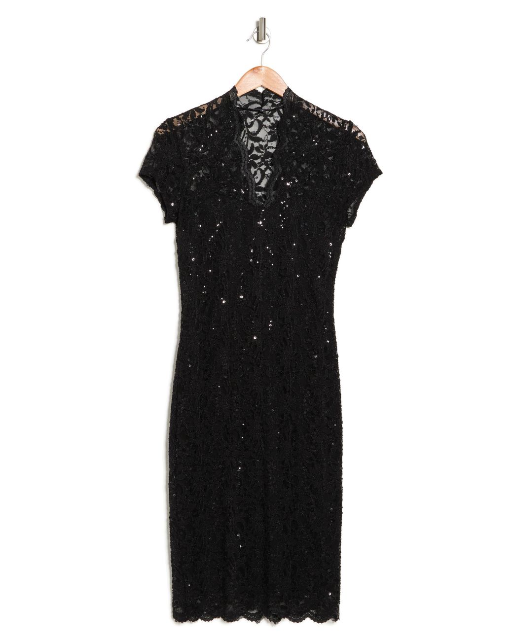 Marina Sequin Lace Cap Sleeve Sheath Dress in Black | Lyst