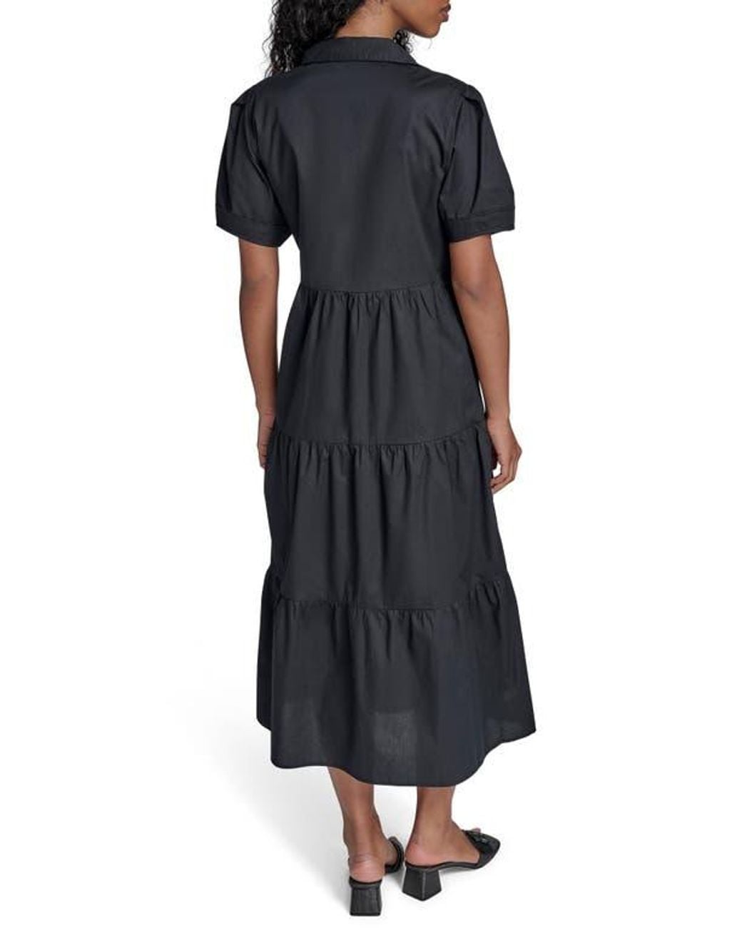 Calvin Klein Short Sleeve Cotton Tiered Maxi Dress in Black | Lyst