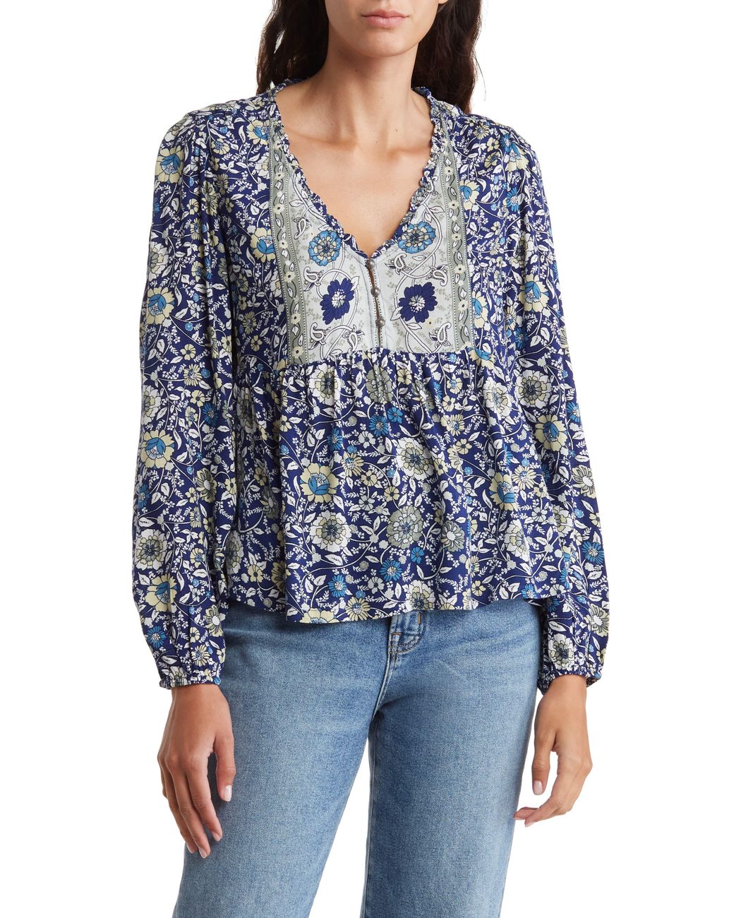 Lucky Brand Camille Long Sleeve Blouse in Blue | Lyst