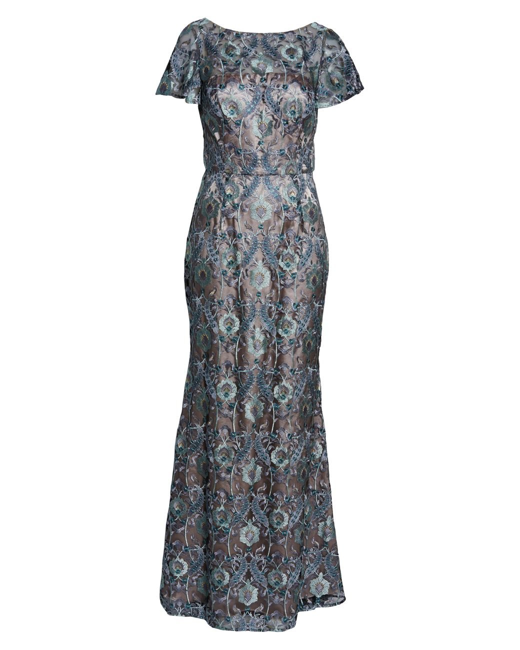 JS Collections Women s Embroidered Overlay Illusion Lace Gown
