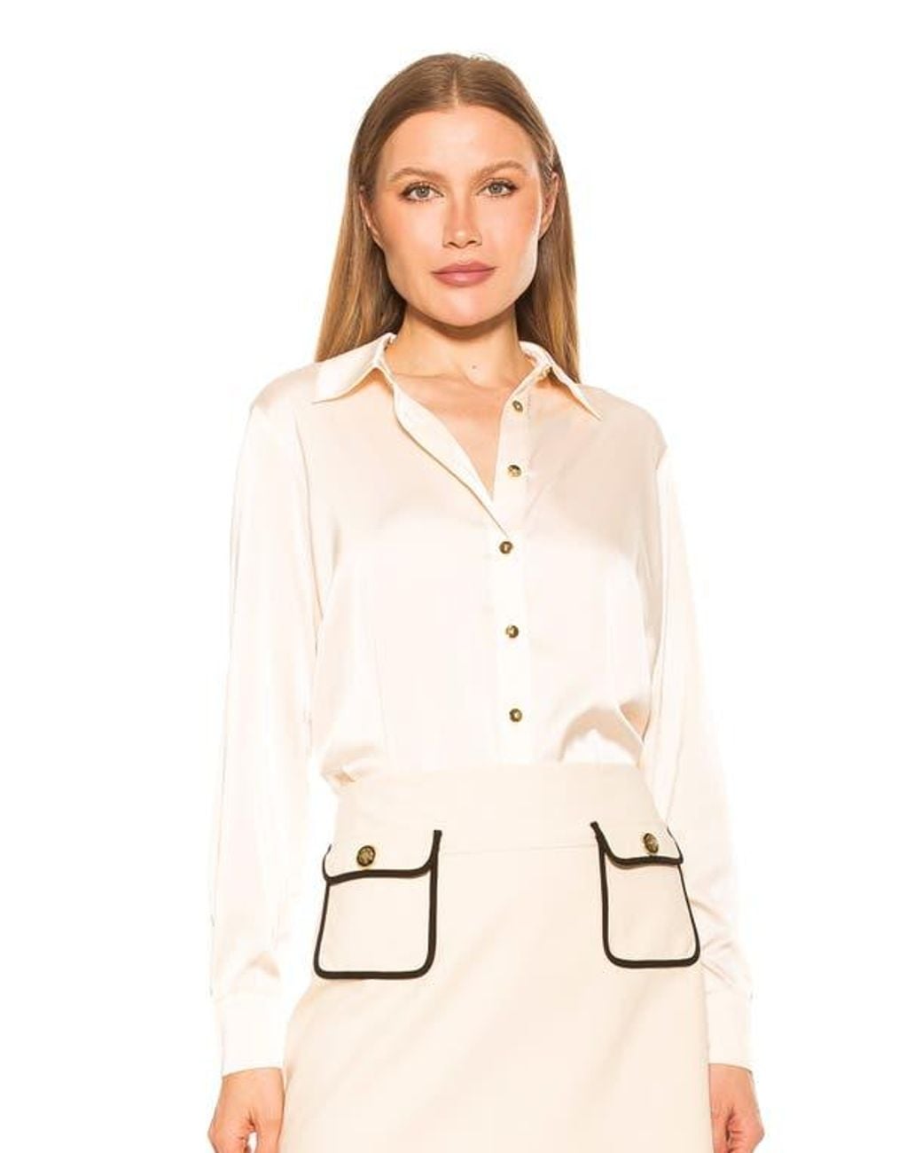 Alexia Admor Natural Rylin Silky Front Button Blouse