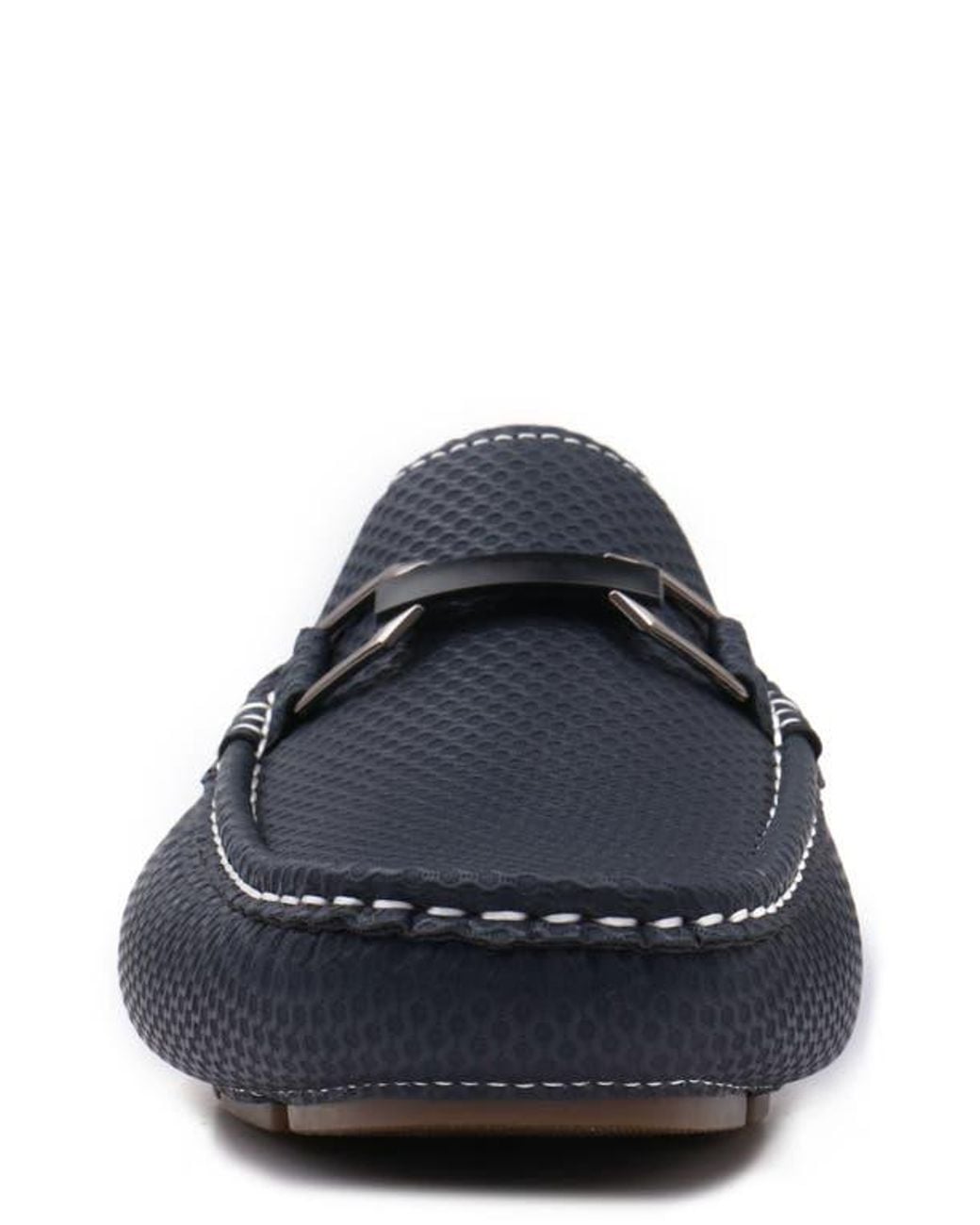 Aston Marc Blue Navy Textured Faux Leather Moc-Toe Loafers for men