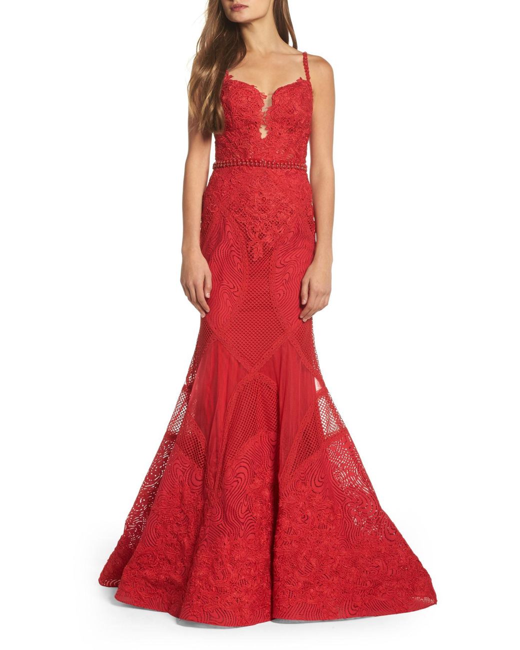 Mac Duggal Embellished Lace Mermaid Gown in Red | Lyst