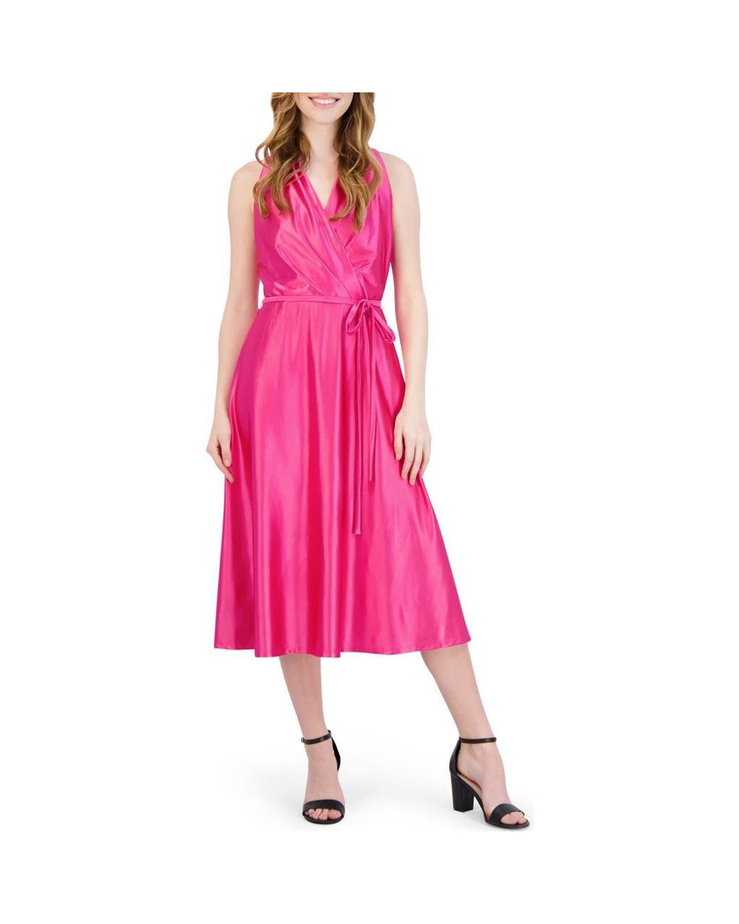 Jordan Faux Robe Julia Jordan Halter Neck Satin Faux Wrap Midi Dress in Pink | Lyst