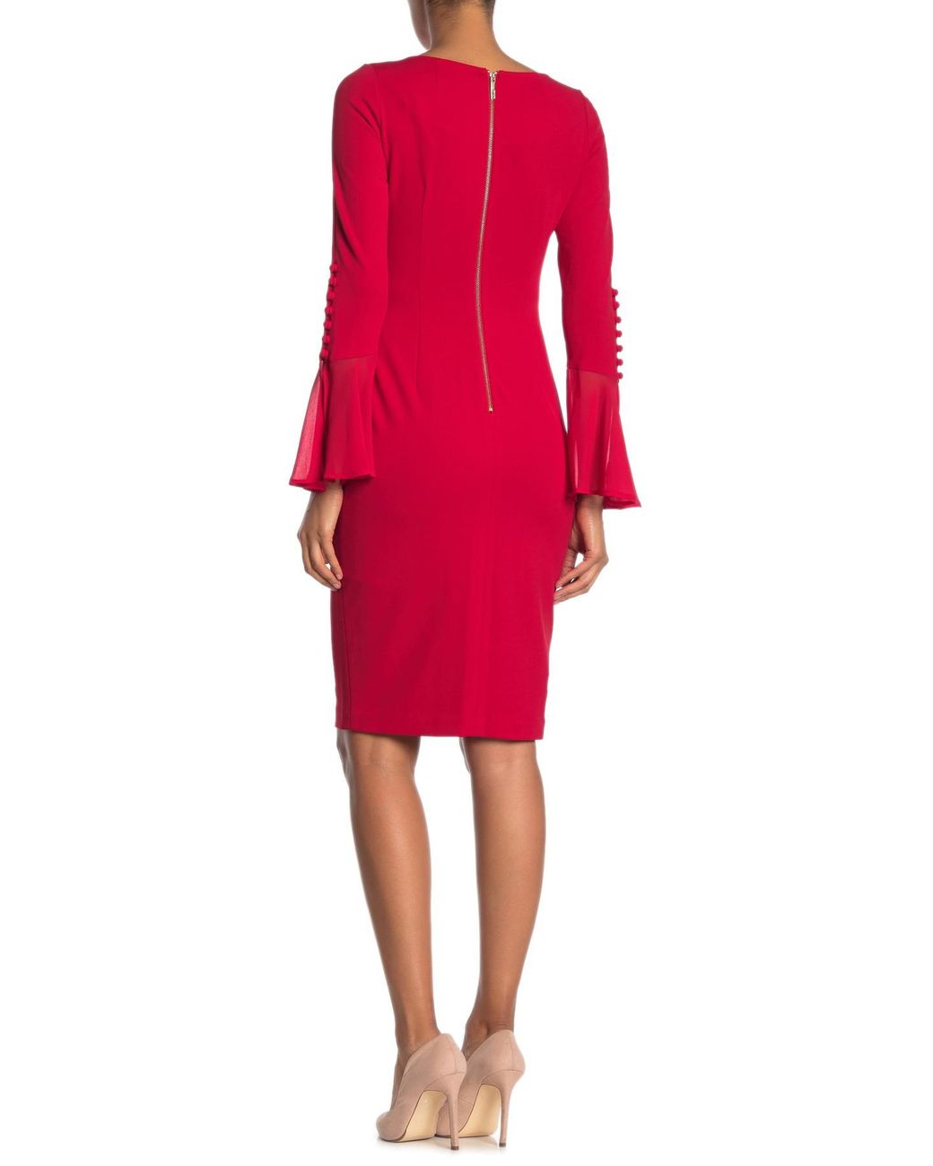 Calvin Klein Chiffon-bell-sleeve Sheath Dress in Red | Lyst