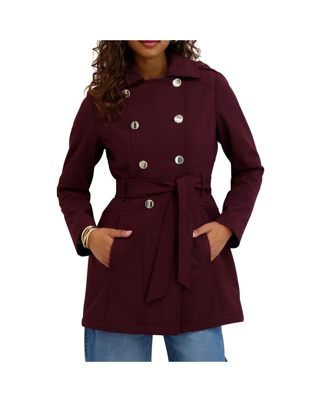 Kensie Red Hooded Double Breasted Soft Shell Jacket