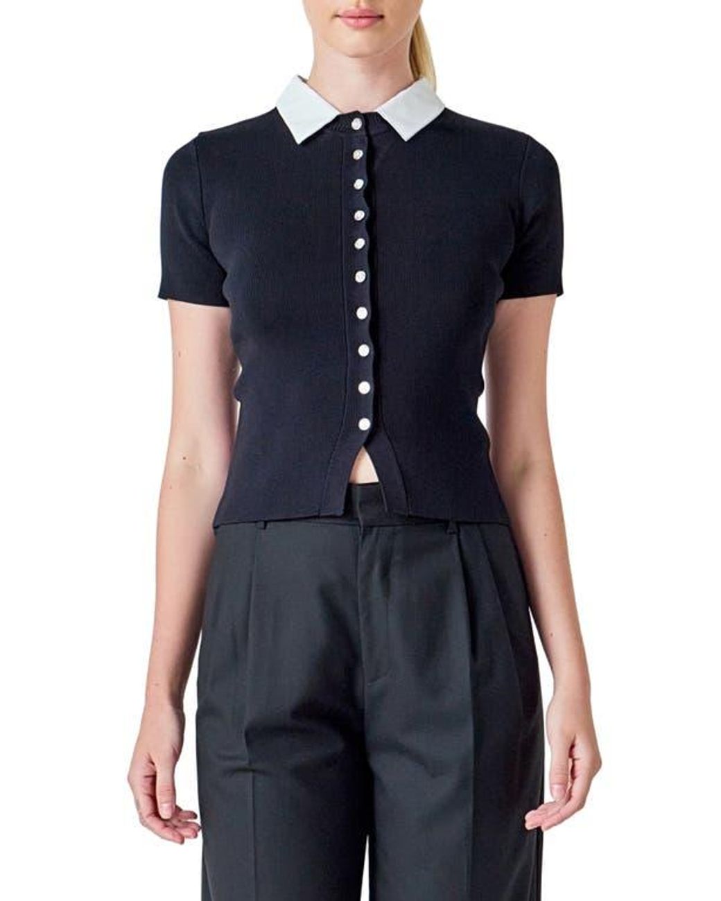 Endless Rose Blue Contrast Collar Button Front Knit Top
