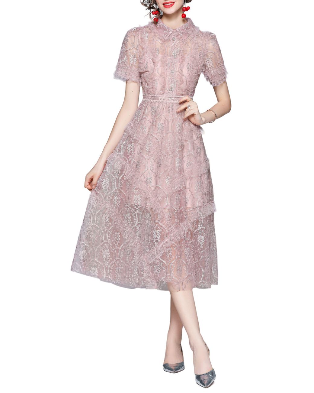Kaimilan Lace Short Sleeve A-line Midi Dress in Pink | Lyst