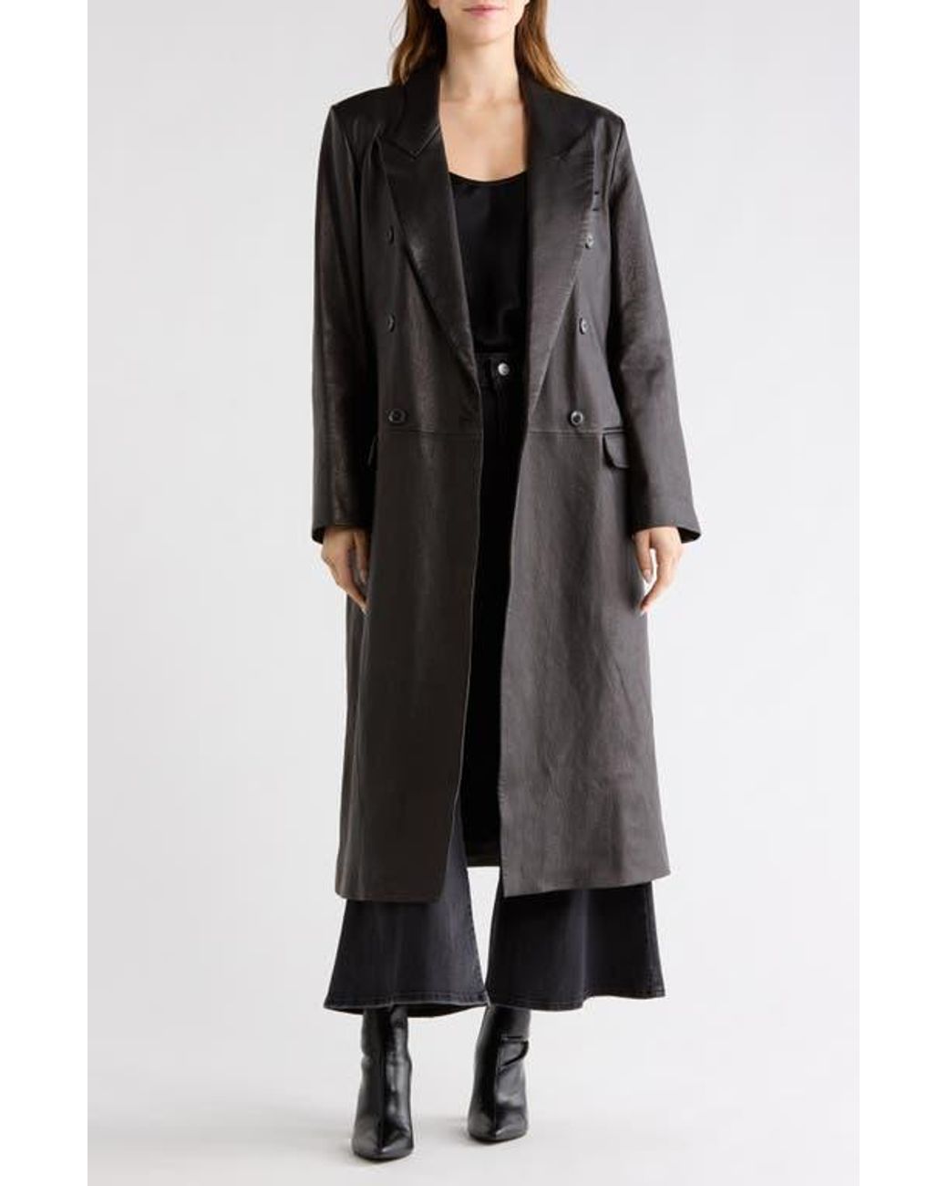 FRAME Tailored Double Breasted Leather Coat in Black | Lyst