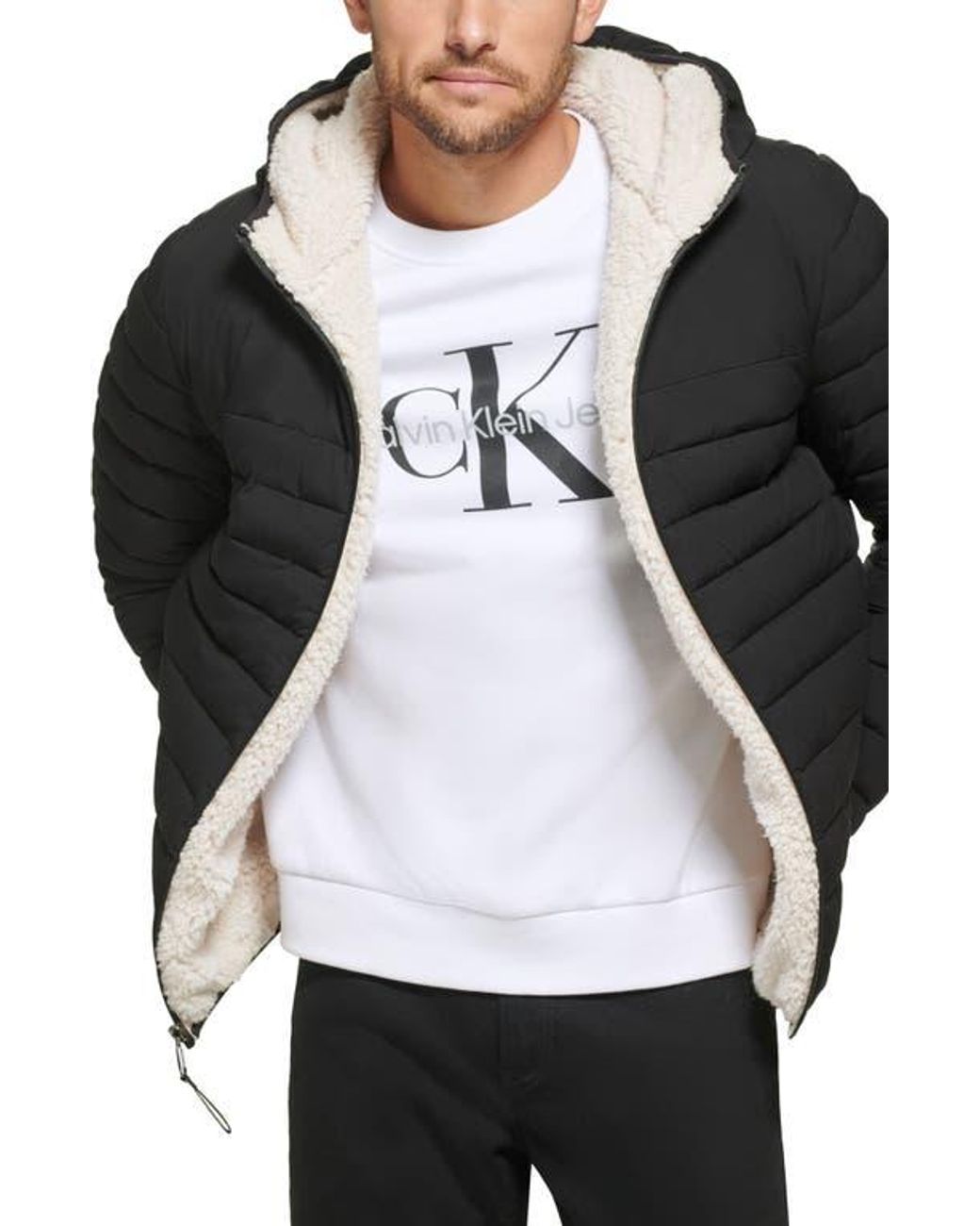 Calvin Klein Faux Shearling Lined Hooded Puffer Jacket in Black for Men Lyst