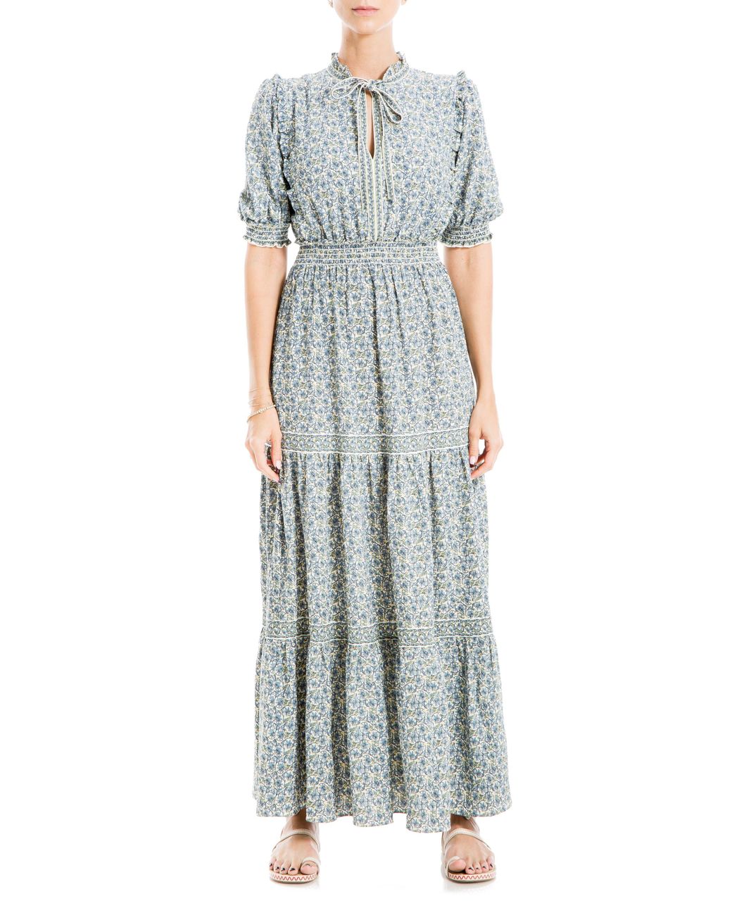 Max Studio Keyhole Puff Sleeve Tiered Maxi Dress | Lyst