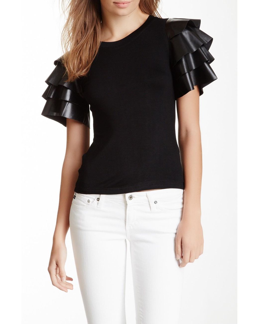 Gracia Ruffled Faux Leather Sleeve Top in Black | Lyst