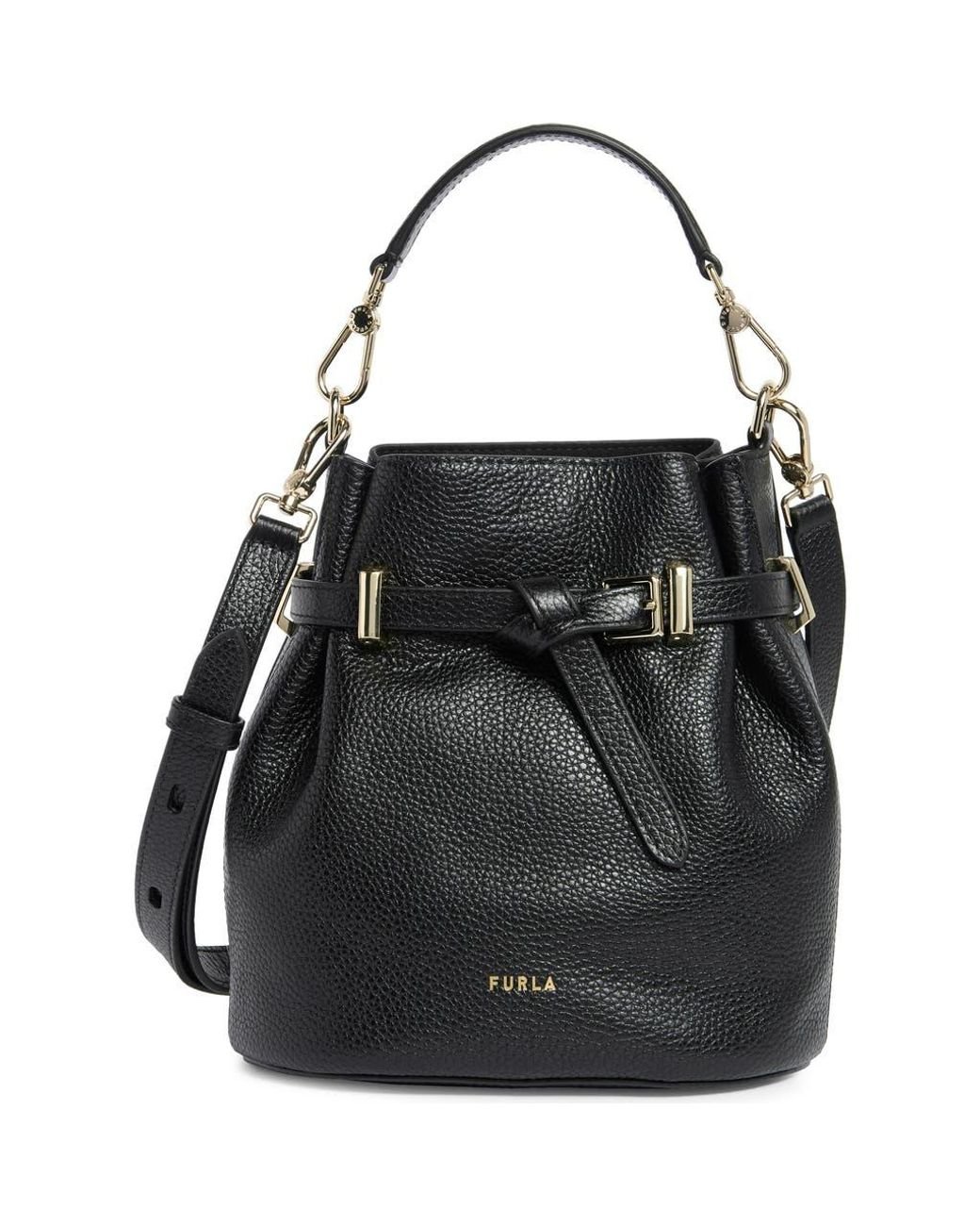 ◆超美品◆FURLA Aura mini ブラック/黒 Furla Aura Mini Drawstring Leather Bucket Bag in Black | Lyst